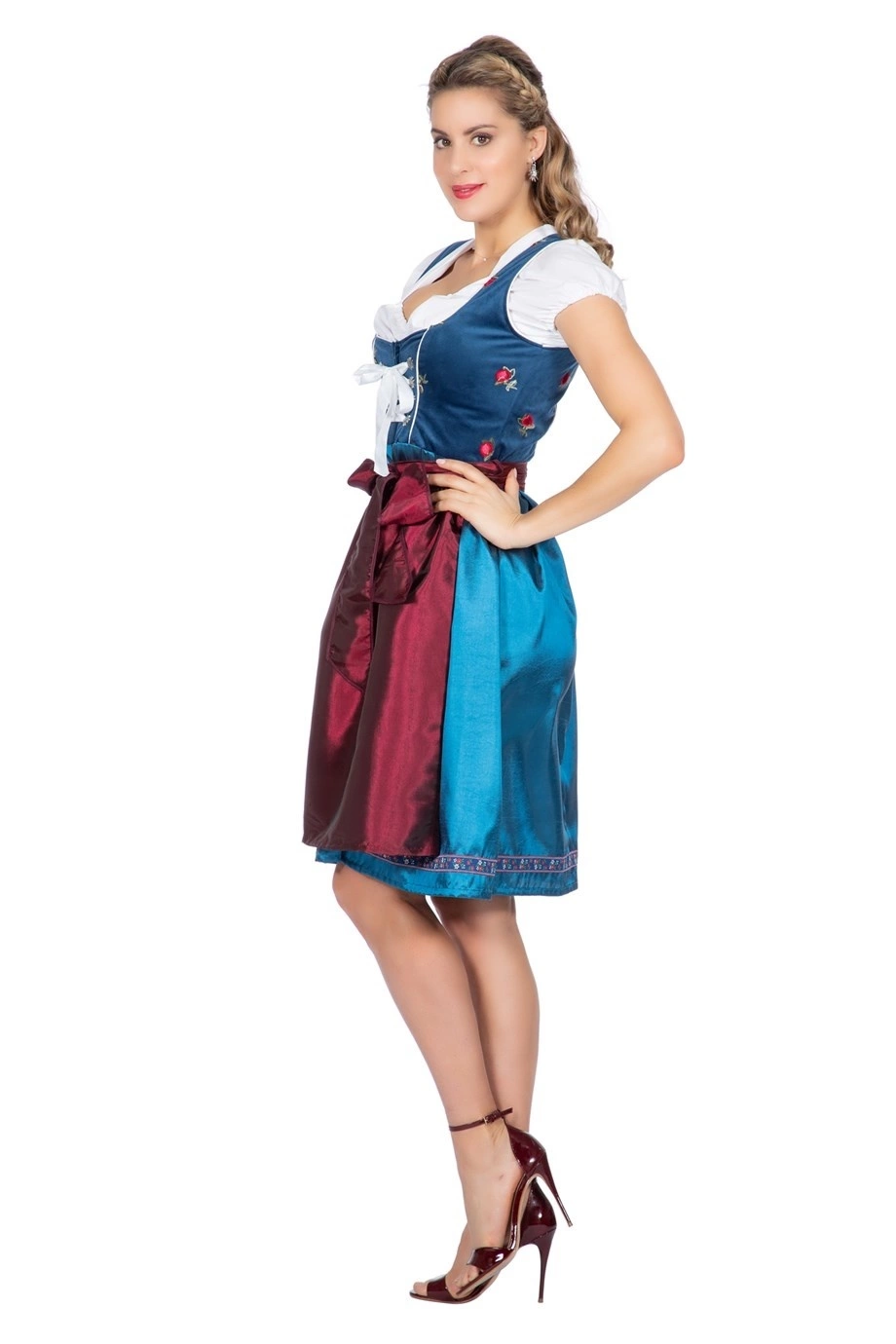 Dirndl Blauw Met Bordeaux Rode Schort Luxe 2 Dirndl Blauw Met Bordeaux Rode Schort Luxe - Afbeelding 2