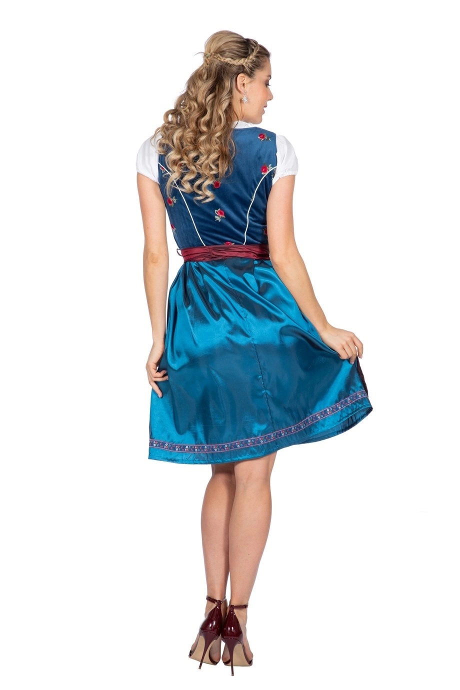Dirndl Blauw Met Bordeaux Rode Schort Luxe 3 Dirndl Blauw Met Bordeaux Rode Schort Luxe - Afbeelding 3