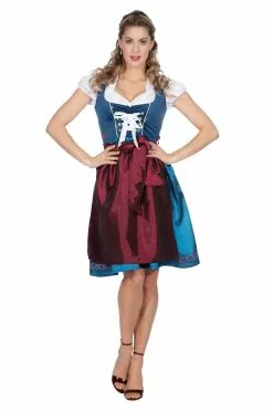 Dirndl Blauw Met Bordeaux Rode Schort Luxe